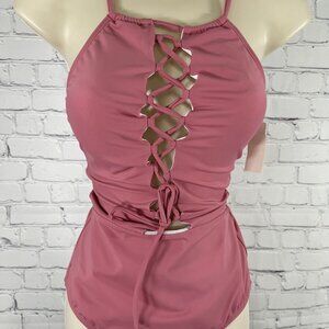 NWT Perla Negra Mauve Crisscross Deep V One piece suit  Swimwear Women’s M